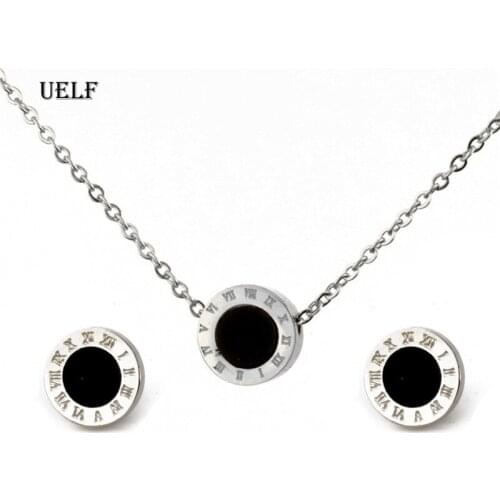 UELF Earrings With Black Enamel Roman Number Valentines Day Gift Stainless Steel Jewelry Women Sets
