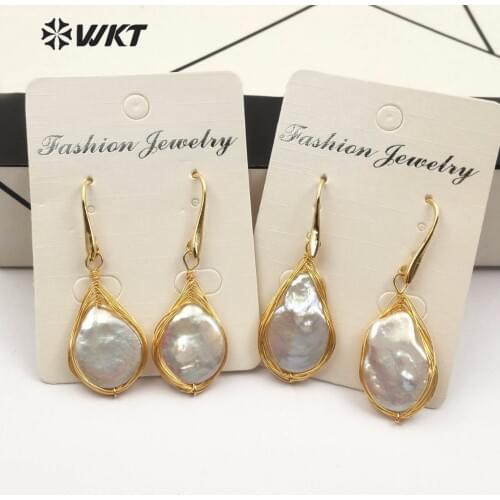 WT-E483 New arrival unique design drop-shaped earrings natural freshwater pearl earrings with gold copper wire winding jewelry