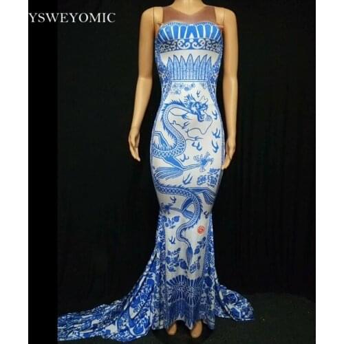 Blue White Porcelain Floral Dragon Print Sleeveless Long Tail Dress Women Party Birthday Dresses Singer Performance Stage Wear