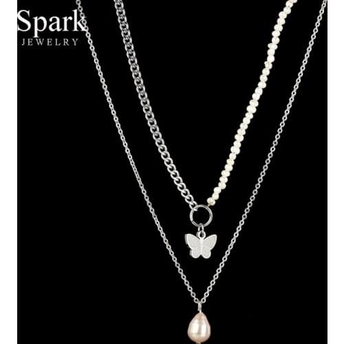 Spark Exquisite Pearl Butterfly Pendant Necklace Double-layer Stainless Steel Chain Necklaces Collar For Women Girls Party Gift