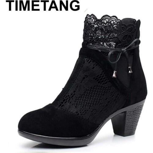 TIMETANG Genuine leather spring and autumn mar boots medium hells shoes womens