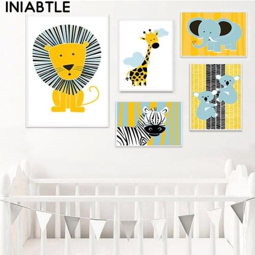 Yellow Lion Elephant Giraffe Zebra Poster Nursery Wall Art Child Picture Animal Print Canvas Painting Nordic Kid Baby Room Decor