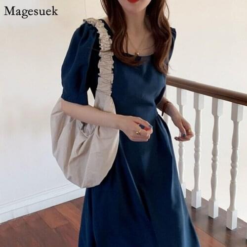 2021 Summer Women Dress Short Sleeve Square Collar Casual Plus Size Dress Black Blue A-Line Elegant Dresses Vestidos New 14497