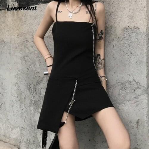 Black Gothic Women Irregular Sexy Dress Summer Women Sleeveless Empire Mini Dresses Dark Goth Metal Chains Backless Punk Clothes