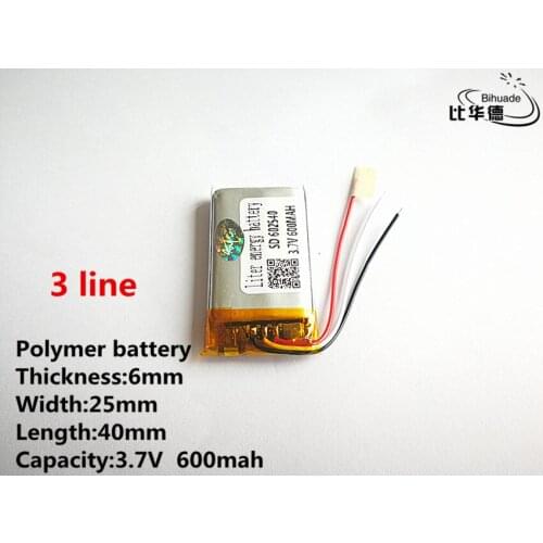 10pcs/lot 3 line Good Qulity 3.7V,600mAH,602540 Polymer lithium ion / Li-ion battery for TOY,POWER BANK,GPS,mp3,mp4