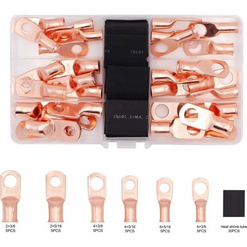 60PCS Assortment 3/8" 5/16" Ring Bare Copper Crimp Terminals Cable lug Electrical Wire Splice Connnectors Lugs Kit