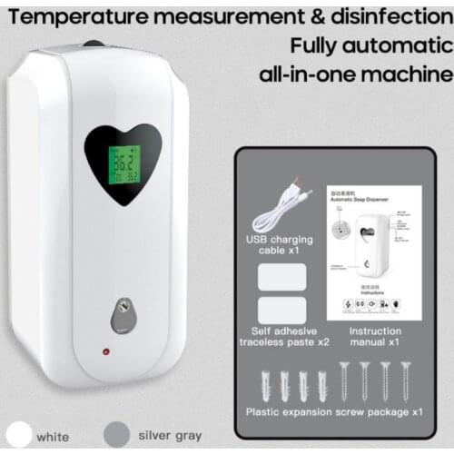 Body Temperature Measurement Alarm Auto Disinfect Liquid Spray Hand Sanitizer Soap Dispense with USB Rechargeable Battery