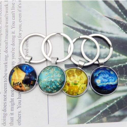 Julie Wang Van Gogh Art Keychain Round Glass Starry Night Sun Flower Painting Cabochons Key Chain Keyring