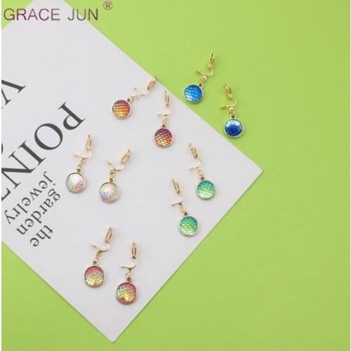 GRACE JUN Korean Style Simple Fish Scales Clip on Earrings Without Pierced Ear Clips for Girls Colorful Clip Earrings Good Gift