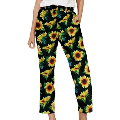 High Waist Casual Pants for Women Soft Floral Print Wide Leg Pockets Trousers Streetwear Elegant Office Ladies Straight Pants