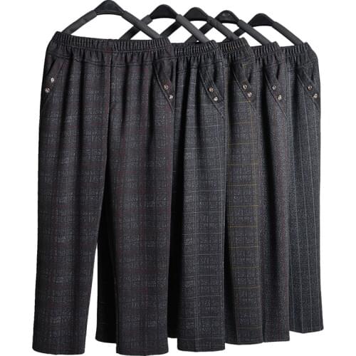 Spring Autumn Middle Aged Women Elastic Waist Casual Straight Pants Female Trousers Plus Size Mother Loose Long Plaid Pants 1515