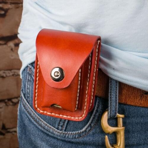 Mens Cigarette Case Genuine Leather Pocket Small Waist Bag Cigarettes Box Lighter Set Two In One Handmade Retro Storage Tool