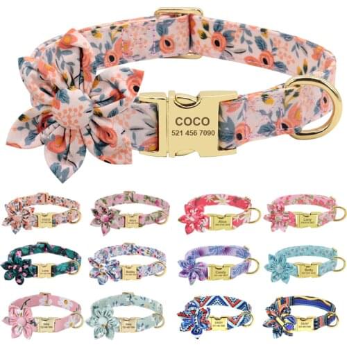 Custom Flower Dog Collar Nylon Floral Printed Pet Dog Collars Personalized Puppy Collar for Small Medium Large Dogs Cat Pitbull