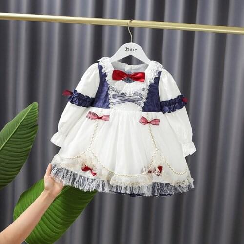 Girls Kids Lolita Dress Long Sleeve Children Baby Infants Princess Bow Mesh Lace Birthday Party Ball Gown Fariry Dresses S12850