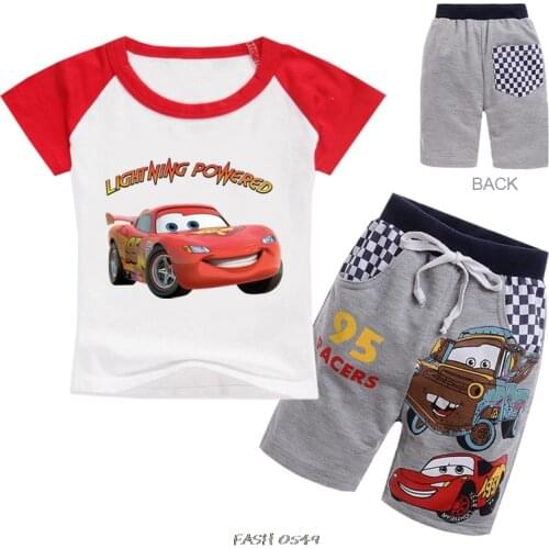 Kids Summer Costumes Boy 95 Car Short Sleeve Fashion Clothes T-shirt Pants 2pc Suit Kids Cartoon Print Outfits Boy Tops Pant Set