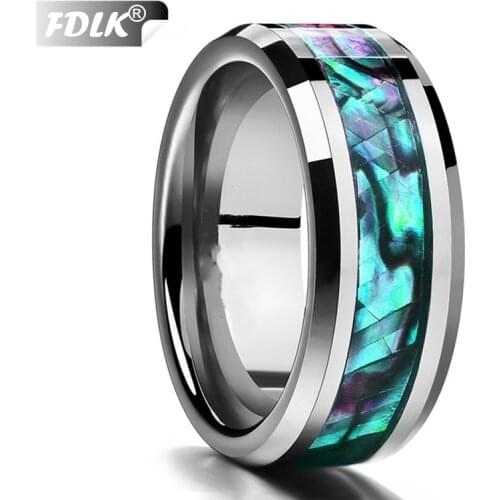 FDLK Fine Jewelry 8MM Inlaid Abalone Shell Beveled Steel Stainless Steel Ring Wedding Jewelry US Size 6 7 8 9 10 11 12 13