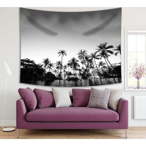 Tapestry Coconut Tree on the Beach at Samui Island Tropical Seascape Silhouette Black White