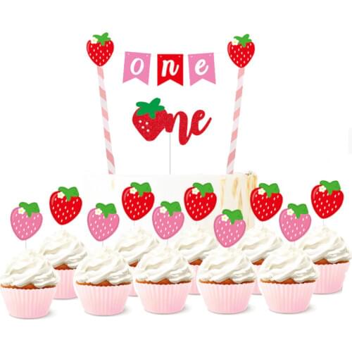 Strawberry Cake Decoration Insert Topper ONE Pink Straw Tag Fruit Theme Baby Shower Birthday Wedding Party Decoration Favor