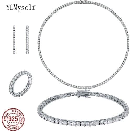 Solid 925 Sterling Silver Tennis Necklace(41-55CM,16-22") Bracelet(15-21CM) Earrings Ring (5-9) Set 3mm Zircon Jewelry 4pcs sets