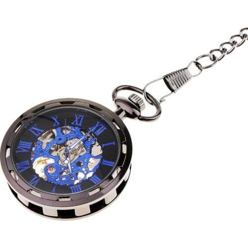 Vintage Blue Hands Steampunk Skeleton Mechanical Pocket Watch with Chain for Men Women