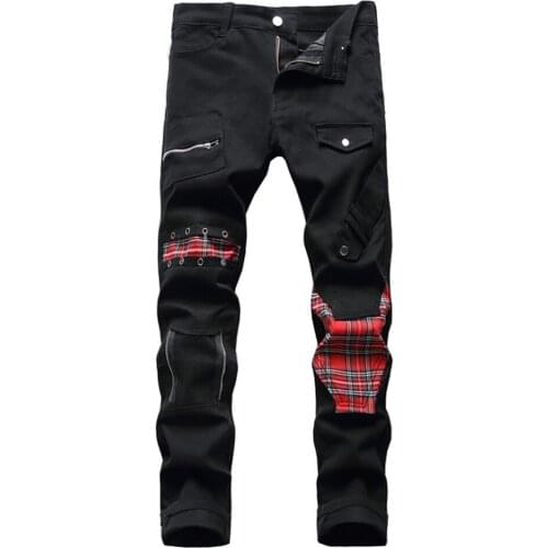 Mens Tartan Scotch Plaids Patchwork Black Denim Jeans Trendy Punk Rock Rivet Pants Slim Straigh Trousers