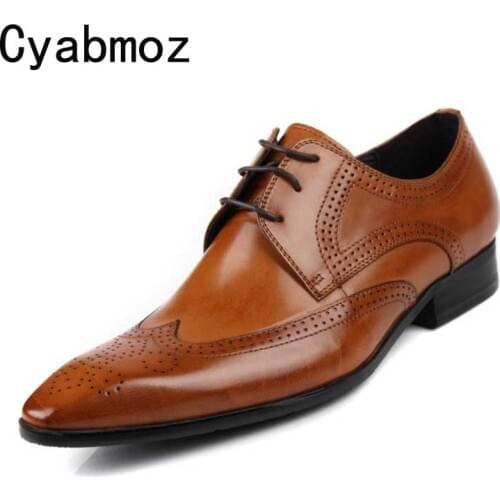 Mens natrual leather business dress suit shoes men Bullock genuine leather lace up wedding shoes Pointed Toe Man Shoes Oxfords