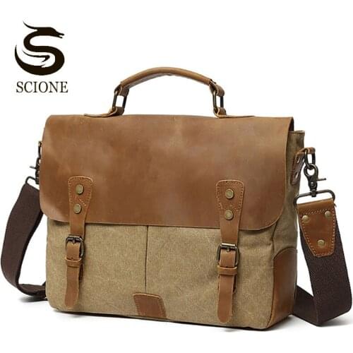 2020 New Men Canvas Leather Business Briefcase Male Vintage Casual Shoulder Messenger Bags Laptop Handbag Travel Bags XA13M