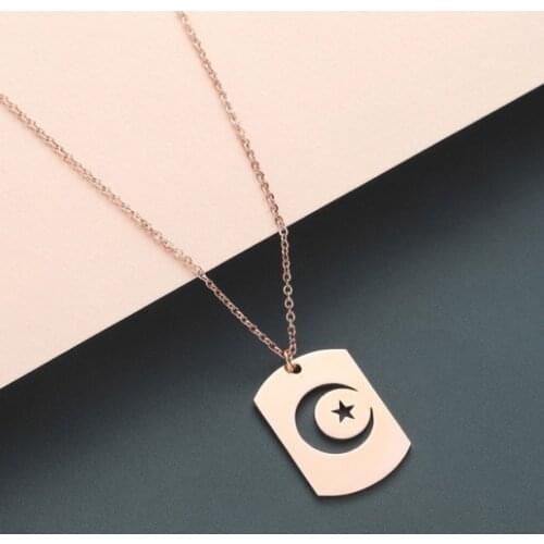New Stainless Steel Mens Necklace Night Sky Crescent Moon Star Dog Tag Pendant Necklaces For Women Islamic Muslim Jewelry