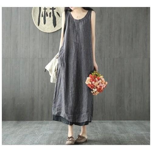 Medium and long stripes art cotton linen loose linen blended sleeveless vest dress