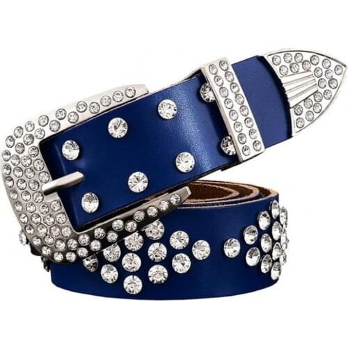 Woman belts genuine leather high quality cow skin female strap fashion designer brand diamond crystal pin metal buckle