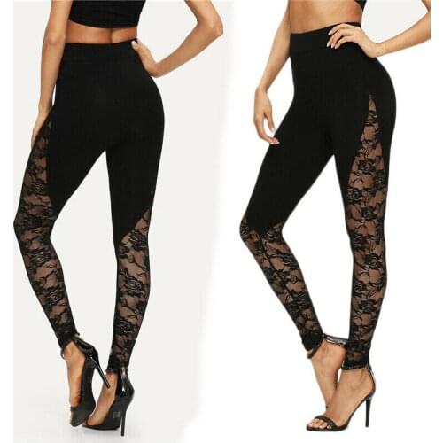 Sexy High Waist Black Lace Leggings Womens Ladies Floral Lace Side Panel Cut Out Black Leggings Plus Size S M L 2XL