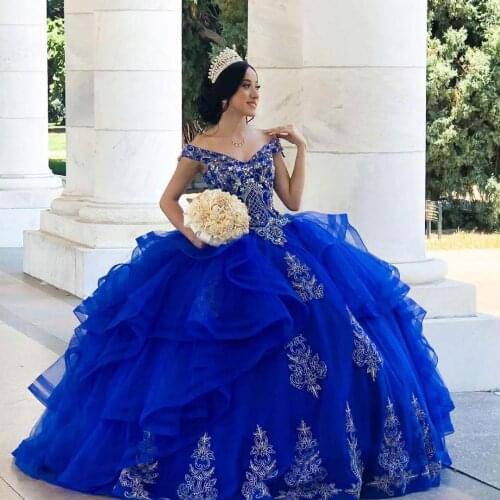 Blue Beaded Ball Gown Quinceanera Dresses Sequined Off The Shoulder Prom Gowns Tiered Sweep Train Tulle Sweet 15 Masquerade Dres