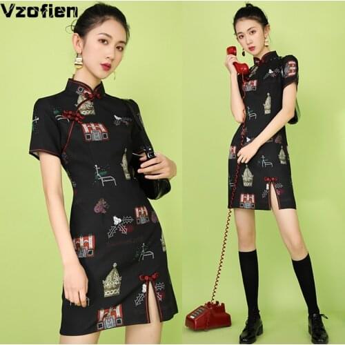 Traditional Daily Modern Cheongsam Chinese Dress Short Sleeve Silm Mini Robe Female Vintage Mandarin Collar Short Qipao Vestidso