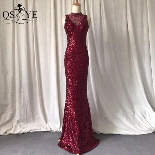 High Neck Burgundy Evening Dresses Mermaid Sequin Evening Gown Fit Beading Formal Party Gown Sleeveless Keyhole Back Prom Gown