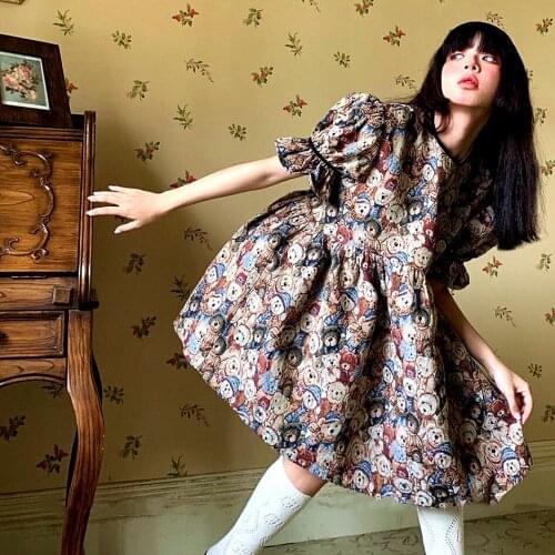 Princess Spring Women Short Lantern Sleeve Dresses Women Cute Bear Print Ladies Party Mini Ball Grown Dresses Vestidos SY166