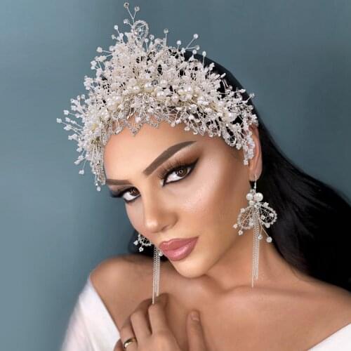 Luxury Silver Wedding Accessories Bridal Tiara Multilevel Pearl Crystal Headwear Wedding Hair Accessories Fancy Bridal Headdress