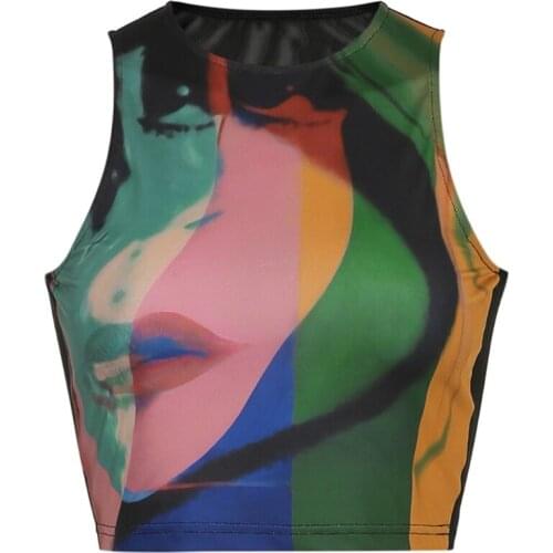 Women Summer Sleeveless O-Neck T-Shirt Multicolor Abstract Portait Print Crop Top Harajuku Mesh Racerback Slim Vest