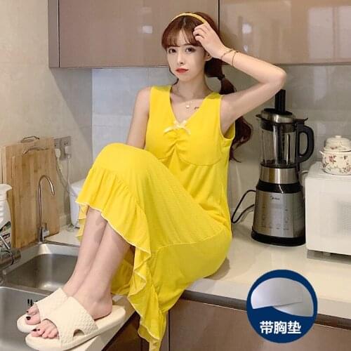 Womens Nightdress Lovely Sweet Sleeveless Vest Nightgown with Bra Cup Cover Nightwear Housewear Thin Female Sleepwear Mid-Calf