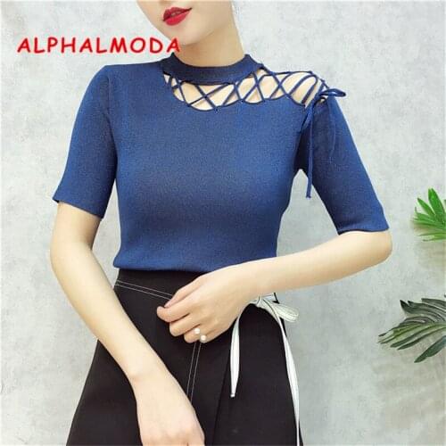 ALPHALMODA 2018 Spring Hollow Cross Lacing Sexy Women Slim Knit Sweater Short-sleeved Solid Shining Color Ladies Casual Sweater