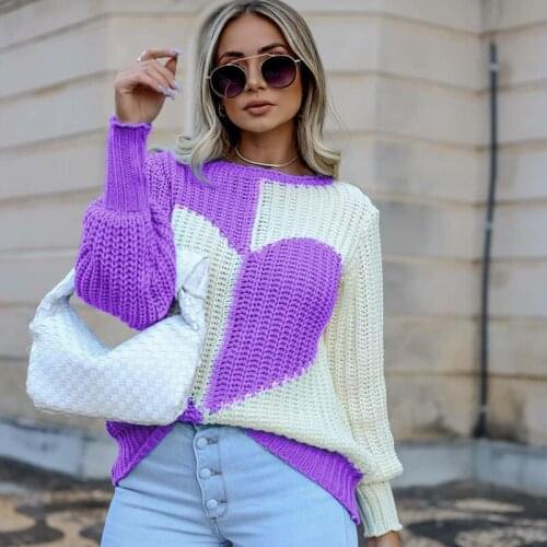 Women Sweater Autumn Winter Ladies Elegant O Neck Love Print Patchwork Knitted Sweaters Fashion Long Sleeve Casual Loose Sweater