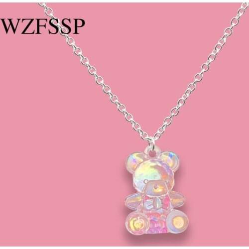 WZFSSP Women Necklace Acrylic Psychedelic Pink Bear Pendant Necklaces Fashion Trendy Jewelry EGirl Gifts Party New N0008