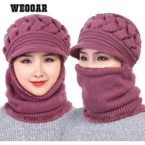 WEOOAR 2021 Winter Balaclava for Women Hat with Earflaps Ski Mask Beanies for Men Hair Bonnet Warm Knitted Hat Bib+Hat MZ210