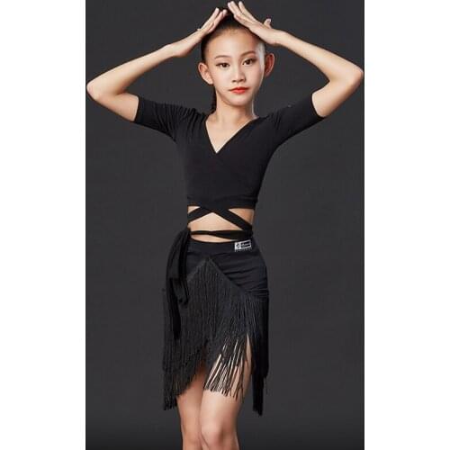 2020 Girls Latin Dance Clothes Tops Tassel Skirts Suit Children Practice Clothes Latin Chacha Competition Dance Dress DQS4707