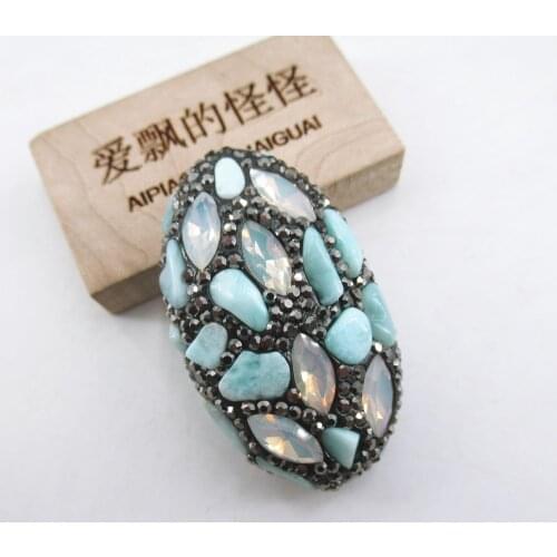 3PCS Natural Blue Larimar Crystal Pave CZ Rhinestone Oval Shape Connector Spacer Beads Bracelet necklace Jewelry DIY