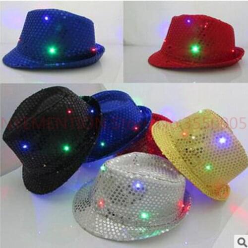 Adult children Flashing Light Up Led Fedora Trilby Sequin Unisex Fancy Dress Dance Party Hat 30pcs