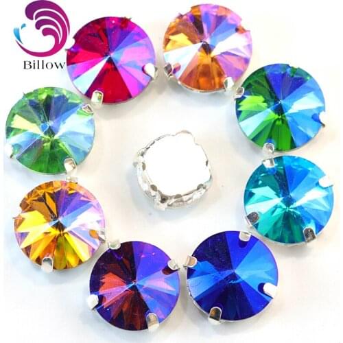 AB Colors Silve Claw 5 Sizes Round Rivoli Sew On Rhinestones Glass Crystal AB Round Sew On Claw Rhinestones For Garment B3633