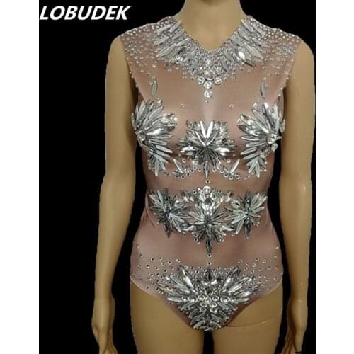 Sparkly Glass Rhinestones Sleeveless Bodysuit Sexy Lady Singer Performance Elastic Jumpsuit Nightclub Performance Dance Costumes