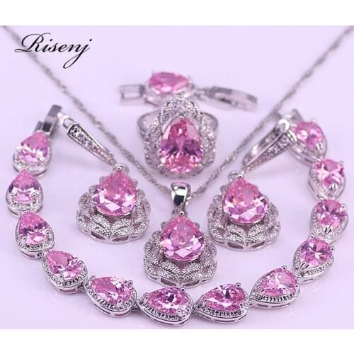Big Pear Princess Pink Zircon 925 Sterling Silver Jewelry Set For Women Ring Necklace Earrings With Bracelet Set
