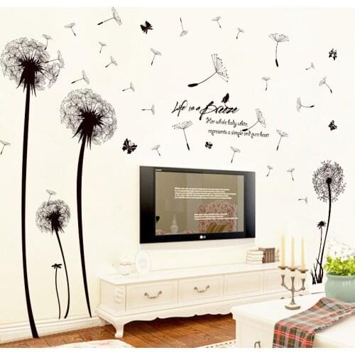 Black Romantic Dandelion PVC Wall Sticker Flower DIY Art Wall Stickers Home Decor Living Room TV Background Sticker Mural