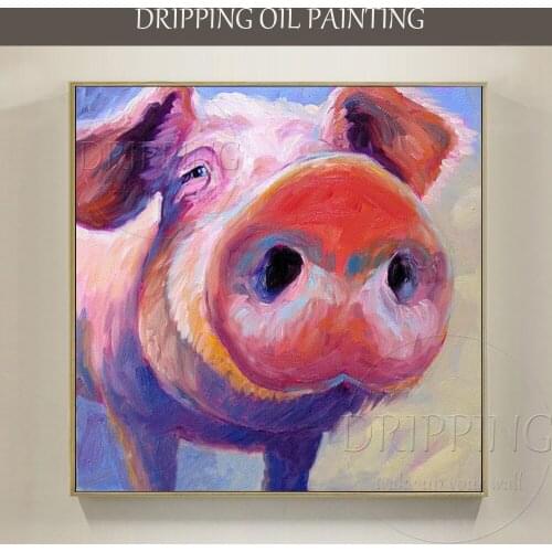 Home Decor Hand-painted Modern Funny Animal Pig Oil Painting on Canvas Hand-painted Big Nose Small Pig Oil Painting for Wall Art